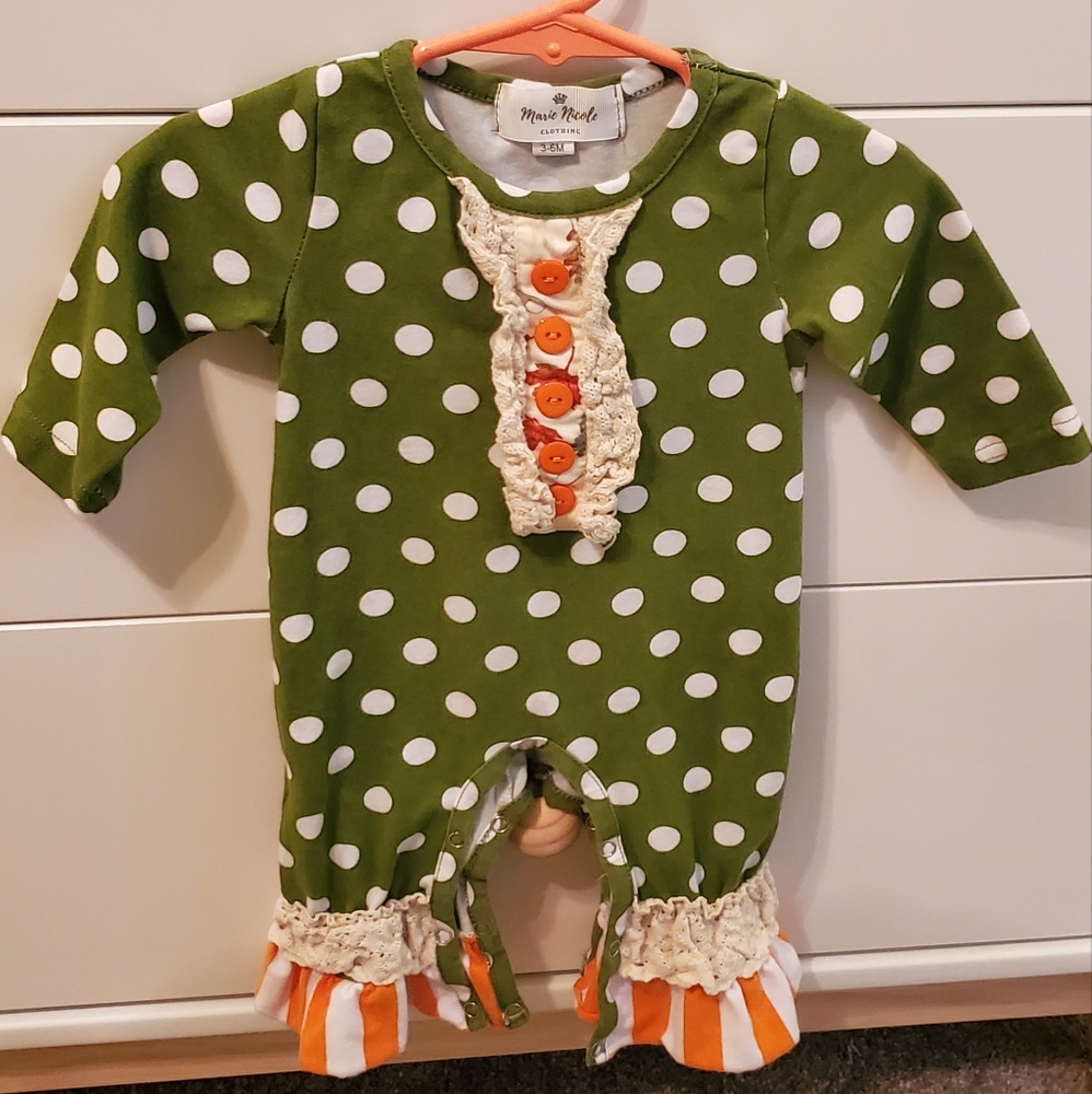 Marie Nicole 3-6 Polka Dot Green and Orange Romper